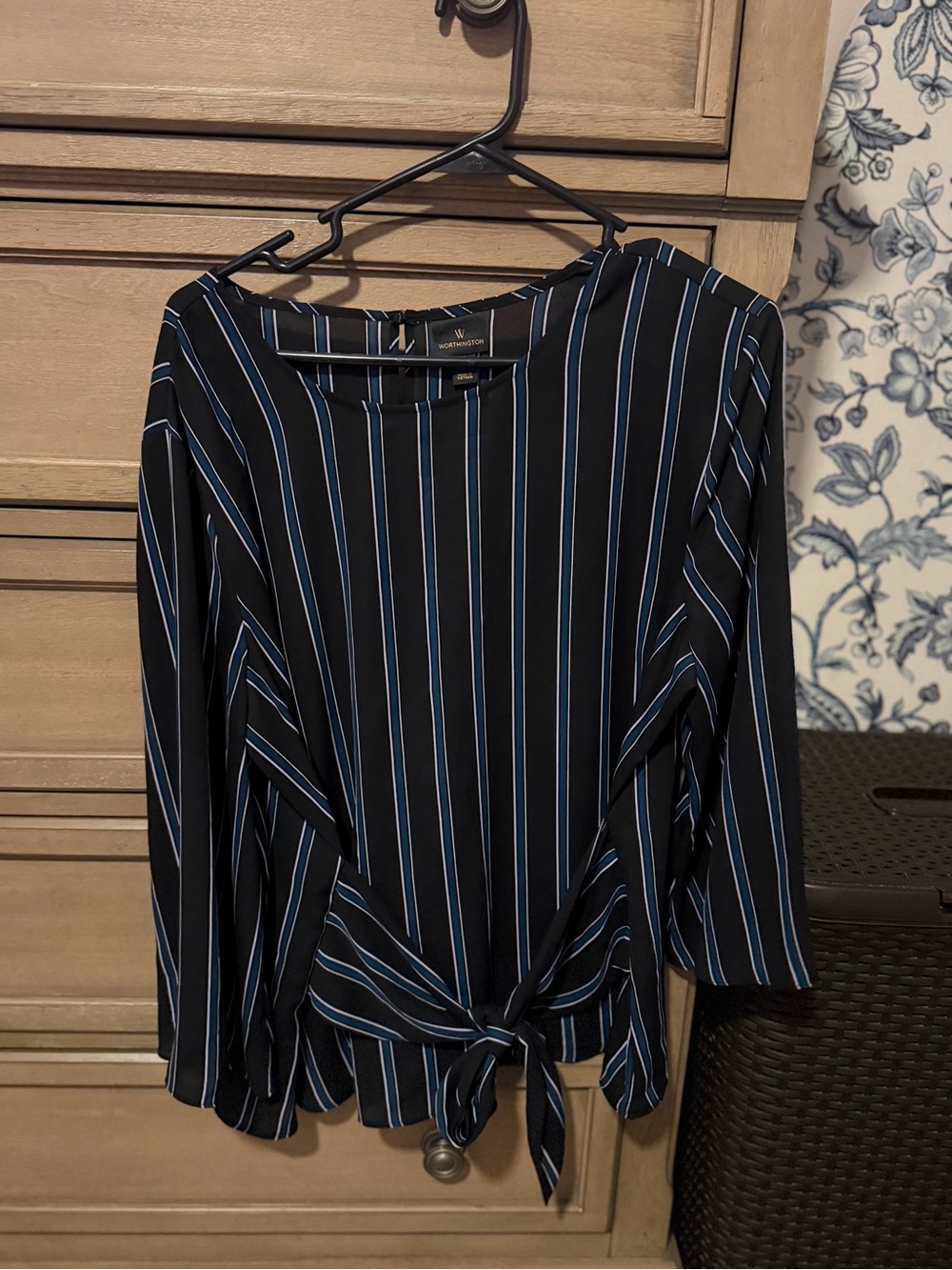 Worthington Black Striped Tie-Front Blouse